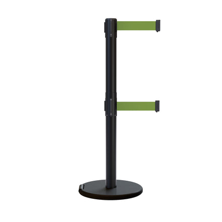 Retractable Dual Belt Barrier Stanchion, Rolling Base, Black Steel Post, 13 ft Belt - Montour Line ME630D