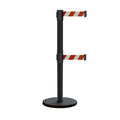 Retractable Dual Belt Barrier Stanchion, Rolling Base, Black Steel Post, 13 ft Belt - Montour Line ME630D