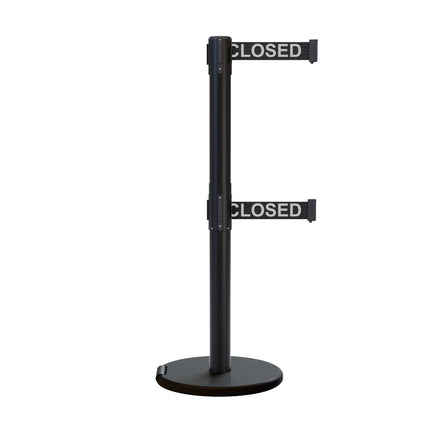 Retractable Dual Belt Barrier Stanchion, Rolling Base, Black Steel Post, 13 ft Belt - Montour Line ME630D