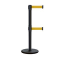 Retractable Dual Belt Barrier Stanchion, Rolling Base, Black Steel Post, 13 ft Belt - Montour Line ME630D