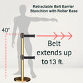 Retractable Dual Belt Barrier Stanchion, Rolling Base, Polished Brass Post, 13 ft Belt - Montour Line ME630D