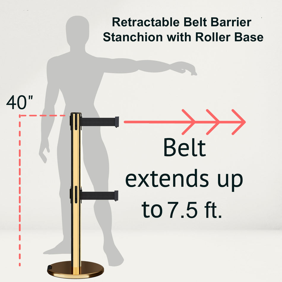 Retractable Dual Belt Barrier Stanchion, Rolling Base, Polished Brass Post, 7.5 ft Belt - Montour Line ME630D