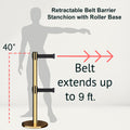 Retractable Dual Belt Barrier Stanchion, Rolling Base, Polished Brass Post, 9 ft Belt - Montour Line ME630D