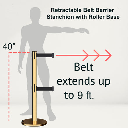 Retractable Dual Belt Barrier Stanchion, Rolling Base, Polished Brass Post, 9 ft Belt - Montour Line ME630D