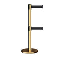 Retractable Dual Belt Barrier Stanchion, Rolling Base, Polished Brass Post, 7.5 ft Belt - Montour Line ME630D