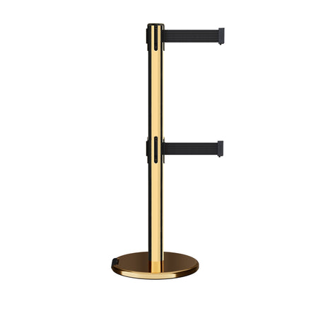 Retractable Dual Belt Barrier Stanchion, Rolling Base, Polished Brass Post, 7.5 ft Belt - Montour Line ME630D