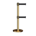 Retractable Dual Belt Barrier Stanchion, Rolling Base, Polished Brass Post, 13 ft Belt - Montour Line ME630D