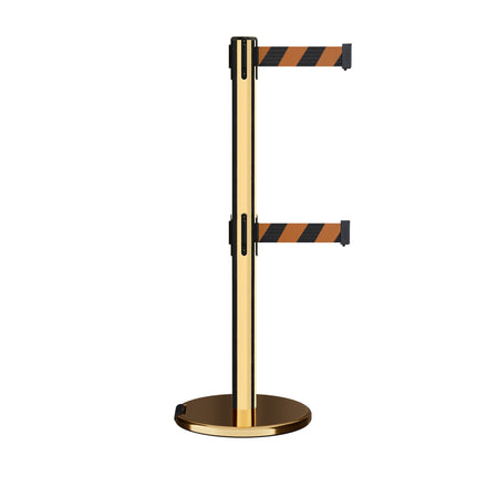 Retractable Dual Belt Barrier Stanchion, Rolling Base, Polished Brass Post, 7.5 ft Belt - Montour Line ME630D