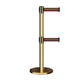 Retractable Dual Belt Barrier Stanchion, Rolling Base, Polished Brass Post, 13 ft Belt - Montour Line ME630D