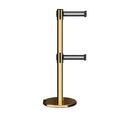 Retractable Dual Belt Barrier Stanchion, Rolling Base, Polished Brass Post, 13 ft Belt - Montour Line ME630D