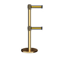 Retractable Dual Belt Barrier Stanchion, Rolling Base, Polished Brass Post, 7.5 ft Belt - Montour Line ME630D