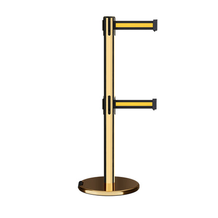 Retractable Dual Belt Barrier Stanchion, Rolling Base, Polished Brass Post, 7.5 ft Belt - Montour Line ME630D