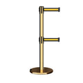 Retractable Dual Belt Barrier Stanchion, Rolling Base, Polished Brass Post, 13 ft Belt - Montour Line ME630D