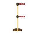 Retractable Dual Belt Barrier Stanchion, Rolling Base, Polished Brass Post, 7.5 ft Belt - Montour Line ME630D