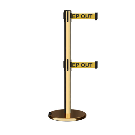 Retractable Dual Belt Barrier Stanchion, Rolling Base, Polished Brass Post, 9 ft Belt - Montour Line ME630D