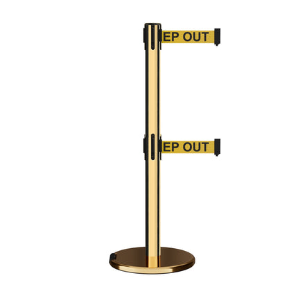 Retractable Dual Belt Barrier Stanchion, Rolling Base, Polished Brass Post, 7.5 ft Belt - Montour Line ME630D