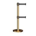 Retractable Dual Belt Barrier Stanchion, Rolling Base, Polished Brass Post, 13 ft Belt - Montour Line ME630D