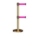 Retractable Dual Belt Barrier Stanchion, Rolling Base, Polished Brass Post, 13 ft Belt - Montour Line ME630D