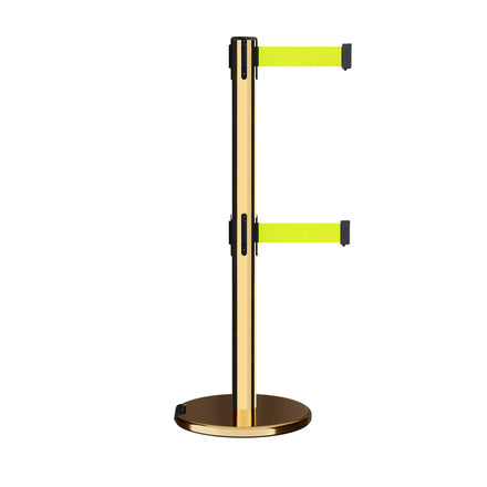Retractable Dual Belt Barrier Stanchion, Rolling Base, Polished Brass Post, 7.5 ft Belt - Montour Line ME630D