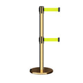Retractable Dual Belt Barrier Stanchion, Rolling Base, Polished Brass Post, 11 ft Belt - Montour Line ME630D