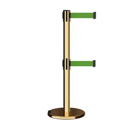 Retractable Dual Belt Barrier Stanchion, Rolling Base, Polished Brass Post, 13 ft Belt - Montour Line ME630D