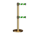 Retractable Dual Belt Barrier Stanchion, Rolling Base, Polished Brass Post, 7.5 ft Belt - Montour Line ME630D