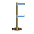 Retractable Dual Belt Barrier Stanchion, Rolling Base, Polished Brass Post, 7.5 ft Belt - Montour Line ME630D