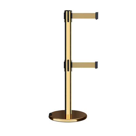 Retractable Dual Belt Barrier Stanchion, Rolling Base, Polished Brass Post, 7.5 ft Belt - Montour Line ME630D