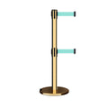 Retractable Dual Belt Barrier Stanchion, Rolling Base, Polished Brass Post, 7.5 ft Belt - Montour Line ME630D