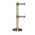 Retractable Dual Belt Barrier Stanchion, Rolling Base, Polished Brass Post, 7.5 ft Belt - Montour Line ME630D
