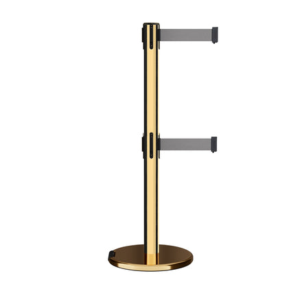Retractable Dual Belt Barrier Stanchion, Rolling Base, Polished Brass Post, 13 ft Belt - Montour Line ME630D