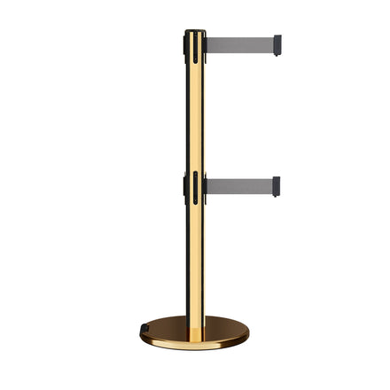 Retractable Dual Belt Barrier Stanchion, Rolling Base, Polished Brass Post, 7.5 ft Belt - Montour Line ME630D