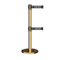 Retractable Dual Belt Barrier Stanchion, Rolling Base, Polished Brass Post, 7.5 ft Belt - Montour Line ME630D