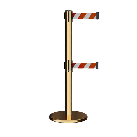Retractable Dual Belt Barrier Stanchion, Rolling Base, Polished Brass Post, 7.5 ft Belt - Montour Line ME630D