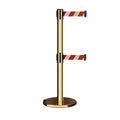 Retractable Dual Belt Barrier Stanchion, Rolling Base, Polished Brass Post, 13 ft Belt - Montour Line ME630D