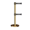 Retractable Dual Belt Barrier Stanchion, Rolling Base, Polished Brass Post, 13 ft Belt - Montour Line ME630D