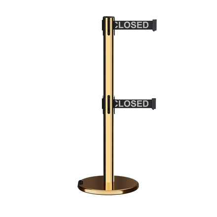 Retractable Dual Belt Barrier Stanchion, Rolling Base, Polished Brass Post, 13 ft Belt - Montour Line ME630D