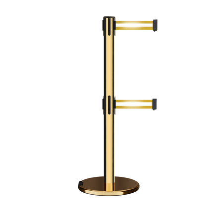Retractable Dual Belt Barrier Stanchion, Rolling Base, Polished Brass Post, 7.5 ft Belt - Montour Line ME630D