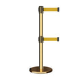 Retractable Dual Belt Barrier Stanchion, Rolling Base, Polished Brass Post, 7.5 ft Belt - Montour Line ME630D