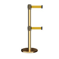 Retractable Dual Belt Barrier Stanchion, Rolling Base, Polished Brass Post, 13 ft Belt - Montour Line ME630D