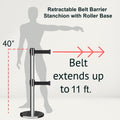 Retractable Dual Belt Barrier Stanchion, Rolling Base, Polished Stainless Steel Post, 11 ft Belt - Montour Line ME630D
