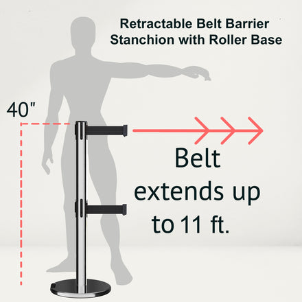 Retractable Dual Belt Barrier Stanchion, Rolling Base, Polished Stainless Steel Post, 11 ft Belt - Montour Line ME630D