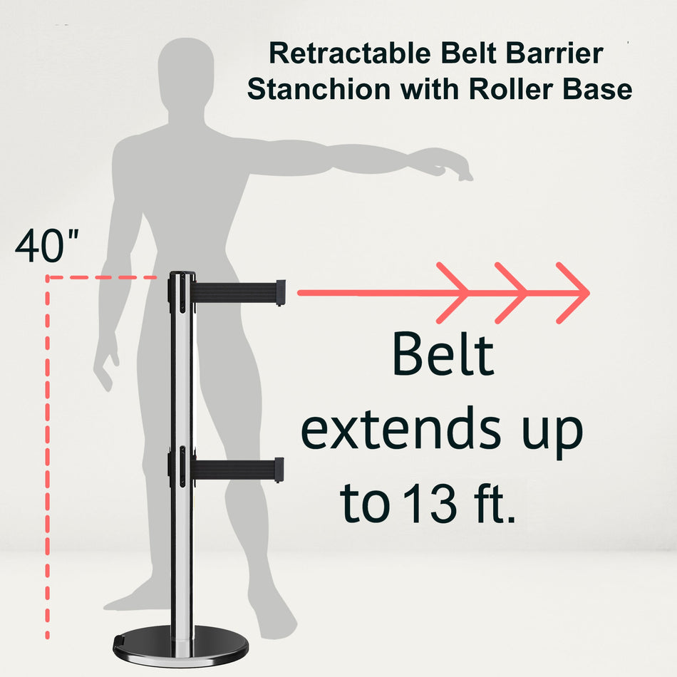 Retractable Dual Belt Barrier Stanchion, Rolling Base, Polished Stainless Steel Post, 13 ft Belt - Montour Line ME630D
