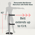 Retractable Dual Belt Barrier Stanchion, Rolling Base, Polished Stainless Steel Post, 13 ft Belt - Montour Line ME630D