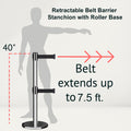Retractable Dual Belt Barrier Stanchion, Rolling Base, Polished Stainless Steel Post, 7.5 ft Belt - Montour Line ME630D