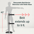 Retractable Dual Belt Barrier Stanchion, Rolling Base, Polished Stainless Steel Post, 9 ft Belt - Montour Line ME630D