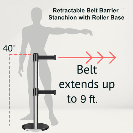 Retractable Dual Belt Barrier Stanchion, Rolling Base, Polished Stainless Steel Post, 9 ft Belt - Montour Line ME630D