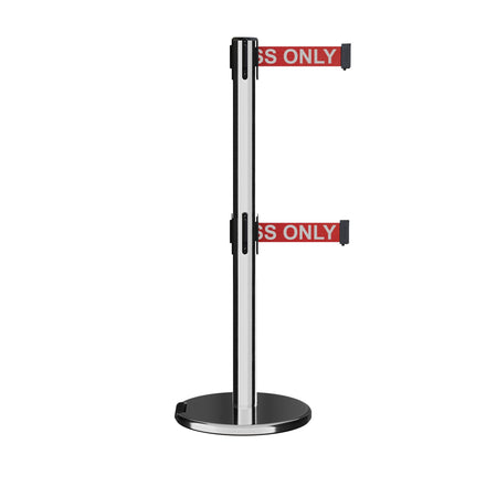 Retractable Dual Belt Barrier Stanchion, Rolling Base, Polished Stainless Steel Post, 11 ft Belt - Montour Line ME630D