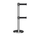 Retractable Dual Belt Barrier Stanchion, Rolling Base, Polished Stainless Steel Post, 11 ft Belt - Montour Line ME630D