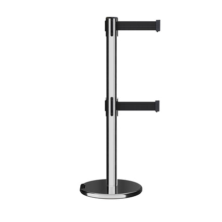 Retractable Dual Belt Barrier Stanchion, Rolling Base, Polished Stainless Steel Post, 11 ft Belt - Montour Line ME630D